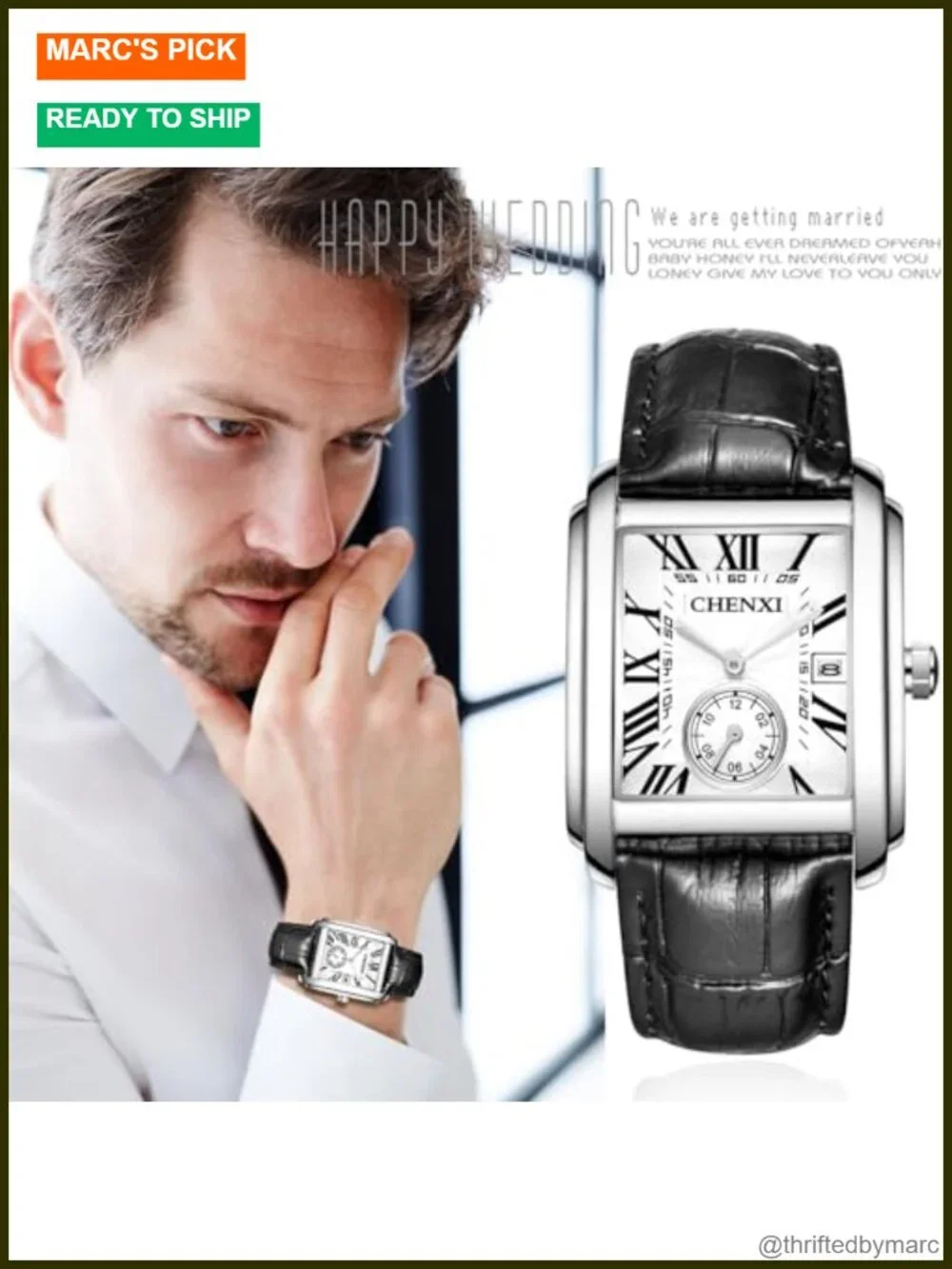 Men's Retro Rectangular Dress Watch Quartz Leather Strap Roman Numeral Calendar